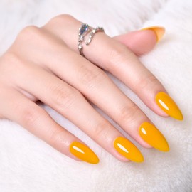 Glossy Press On Nails Medium Length, WOOYAS Almond Fake Nails Yellow Orange Glue On Nails Full Cover False Nails with Nail Glue Adhesive Tabs, 24Pcs Reusable Stick On Nails Kit for Women