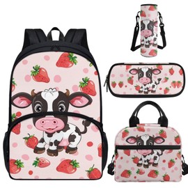 Luarisgur Girls Backpack with Lunch Box and Pencil Case Strawberry Cow 4 Piece School Bag Set Matching Bookbag and Lunch Box for Girls Cute Teen Kids School Bag Pencil Case Water Bottle Carrier
