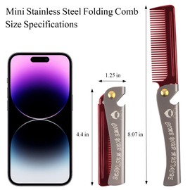 GEN'C BÉAUTY Folding Beard and Hair Comb, Pocket-Sized Stainless Steel Handle with Fine-Tooth Comb, Portable Styling Tool for Men (Red)