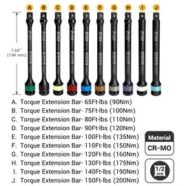 EWK 10 Pcs 1/2" Impact Torque Limiting Extension Bar Set, 65-150 Ft-lbs (90-200 Nm) High Precision Torque Limiting Stick Set with 8 Inches Long