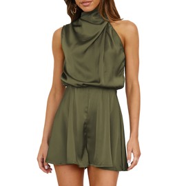 BTFBM Women Mock Neck Summer Romper 2025 Spring Beach Vacation Clothes Sleeveless Elastic Waist Satin Shorts Jumpsuit(Solid Army Green, Small)