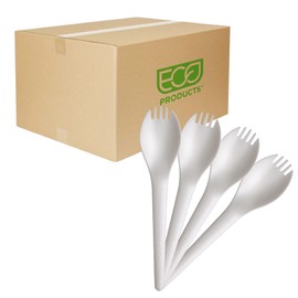 ECO PRODUCTS Compostable CPLA 6" Plastic Sporks, Case of 1000, Disposable White Spoon, Plantware Cutlery, Renewable Material Made from Plants, Sturdy and Strong, BPI-Certified