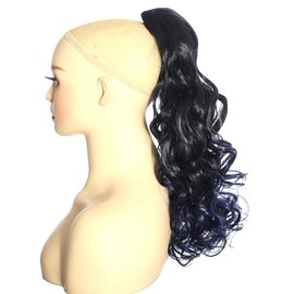 YUDAOHAIR 14 Inch Ponytail Extension Freedom Curl Clip In Curly Wavy Ponytail Extensions Drawstring Short Ponytail Hairpiece Ombre Black to Dark Blue Synthetic Hair Pieces for Women