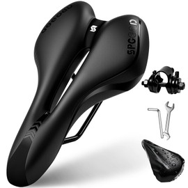SPGOOD Bicycle Saddle, Gel Bicycle Saddle with Cover & Wrench, Comfortable Hollow Ergonomic Bicycle Seat for Men and Women, Mountain Bike MTB Road Bike Exercise Bike City / E-Bike Black 27 x 16 cm