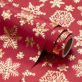 WRAPAHOLIC 3D Kraft Christmas Wrapping Paper Roll - Mini Roll - 17 Inch x 16.5 Feet - Gold and Red Christmas Snowflake Design with Embossed Perfect for Holiday, Party Celebration