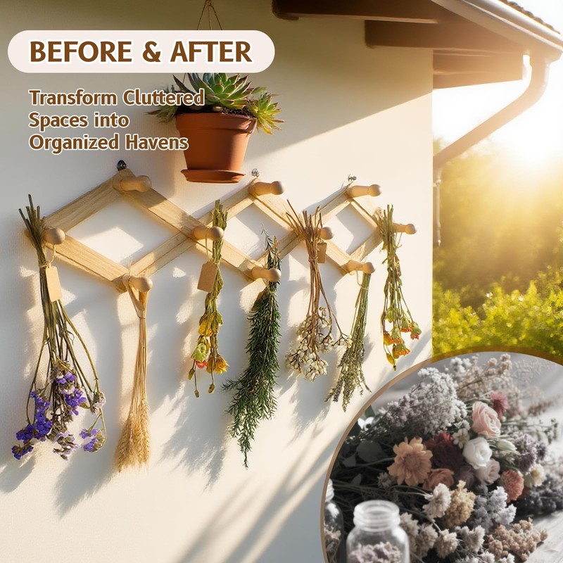 Tnstbiee Rustic Adjustable Hanging Herb Drying Rack-Holds 10 Bouquets, Space-Saving
