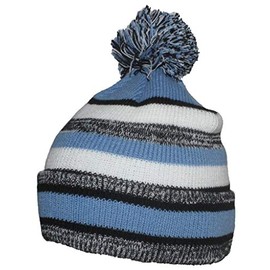 Best Winter Hats Quality Striped Variegated Cuffed Beanie W/Large Pom (L/XL) - Black/Light Blue