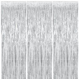 SquarePie Foil Fringe Curtain Backdrop 3 Pack 3.2ft x 8.2ft Silver Tinsel Streamers for Birthday Party Decoration Baby Shower Decor