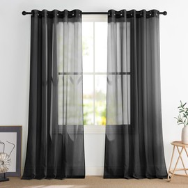 PONY DANCE Black Voile Curtains 66 x 90 Inches, Extra Long Semi Transparent Window Net Curtains Eyelet Top Lightweight Sheer Panels for Bedroom/Patio Door/Living Room, Set of 2