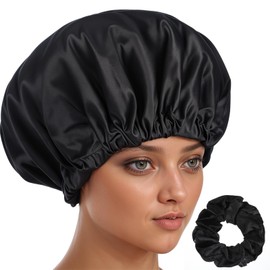 Large Satin Bonnet for Sleeping,Double Layer Hair Bonnet with Scrunchy,Silk Bonnets with Elastic Band for Curly Hair Women Men,Shower Caps(Black)