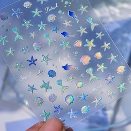 Summer Ocean Shell Nail Art Stickers Decals Cute Jellyfish Mermaid Self-Adhesive Nail Design Stickers 5D Relief Embossed Marine Life Nail Decals for Women DIY Manicure Tip Decoration Supplies 1 Sheet