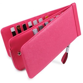 Huztencor Women's Credit Card Holder RFID Blocking Leather Multi Card Organizer Wallet Slim Long Zipper Bi-fold Business Card Case Clutch Wallet with ID Window Pink (FBA)