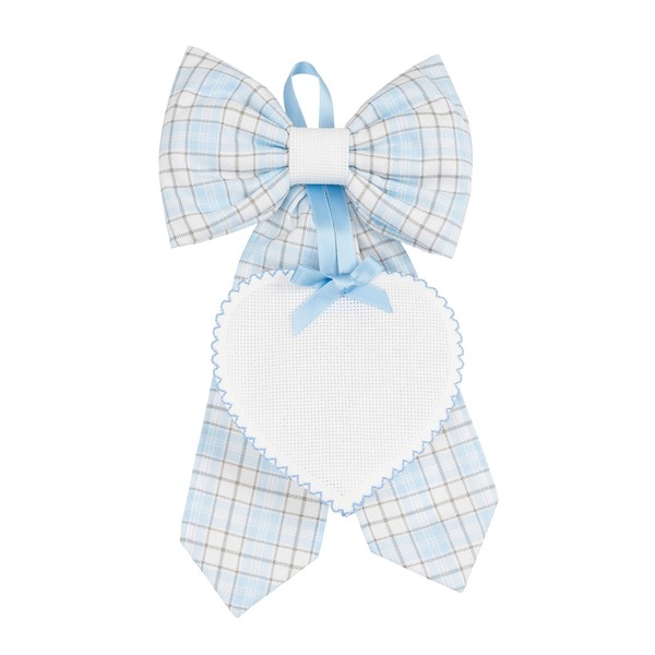 FILET - Blue Birth Bow with Heart Pendant in Aida 55 Holes to Embroider, Made of Cotton, Ideal for Hanging to Announce the Birth of a Child, 100% Made in Italy