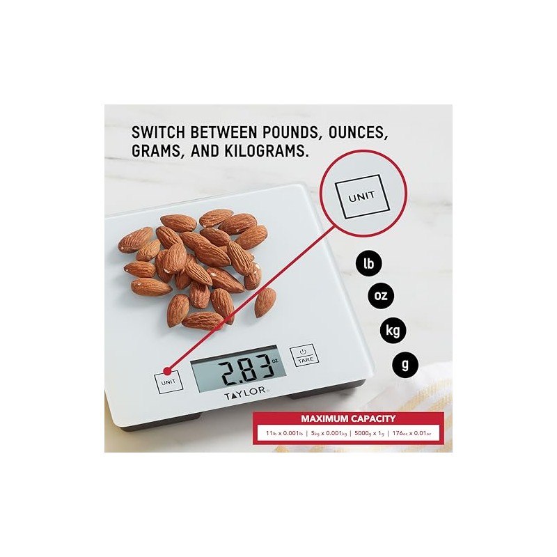 Taylor Compact Glass Kitchen Food Scale, 11 lb Capacity Digital