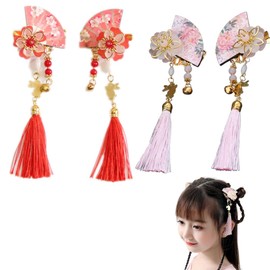 4 Pieces Chinese Style Hair Accessories, Fan Hair Ornament, Tassel Fan Flower Hair Clip, Kanji Bell, Yukata, Kimono, Hair Accessory, Headdress, Children's Hair Ornament, School Entrance Ceremony, Graduation Ceremony, Cosplay, Gift (Red + Pink)