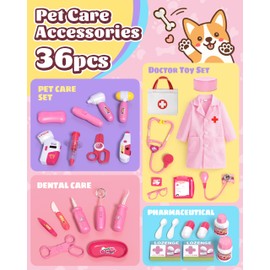 36Pcs Pet Doctor Kit for Toddlers, Veterinarian Playset for Kids with Plush Cat Dog Toys, Costume, Stethoscope, Pet Vet Set Roleplay Toys, Pretend Role Play for Boys Girls Christmas Birthday