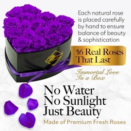 GLAMOUR BOUTIQUE 16 Flower Forever Heart Shape Box - Preserved Roses Gift for Her, Preserved Flowers, Purple