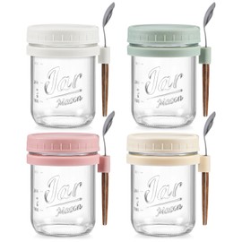 4 Pack Overnight Oats Containers with Lids and Spoons, 16 oz Glass Mason Jars with Airtight Lids, Overnight Oats Jars for Milk, Cereal, Fruit