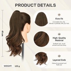SOFEIYAN Claw Clip Ponytail Extension 16 inch Curly Wavy Clip in Hairpiece Fluffy Synthetic Fake Pony Tail Clip on Hair Extensions for Women Daily Use - Chestnut Brown Tipped with Light Auburn