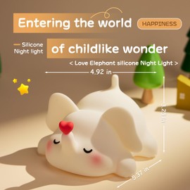 Cute Love Elephant Night Light For Kids, LED Squishy Nursery Lamp Warm Brightness For Breastfeeding , 3 Level Dimmable Soft Nightlight For Room Decor, Rechargeable Lamp Funny White Elephant Gifts