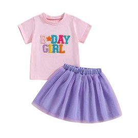 Baby Girl Birthday Outfit Embroidery Birthday Girl Shorts Sleeve Shirts and Tutu Skirts Set Baby Girl Birthday Outfit (Purple, 1-2 Years)