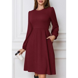 MarryUP Womens Sweater Dresses 2025 Long Sleeve Crew Neck Casual Fall Tunic A-Line Swing Dress Mini Knit Babydoll Dress with Pockets Burgundy XL