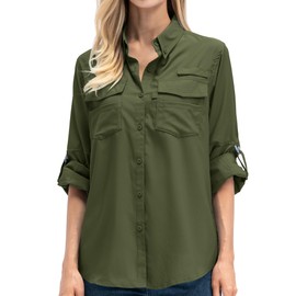Women safari shirts Sun Protect Lightweight Long Sleeve Travel Hiking Kayak Cruise Outdoor Cool Shirts,F5026,Army Green,L