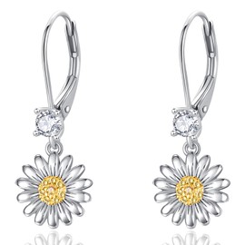 Dreamboat Daisy Dangle Leverback Earrings for Women 925 Sterling Silver Hypoallergenic Daisys Flower Drop Dangling Earring Valentines Day Anniversary Mother's Day Jewelry Gifts for Wife Her