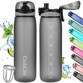 CodiCile Drinking Bottle 1 L, Water Bottle 1 L BPA-Free, Leak-Proof 1 Litre Drinking Bottle, Tritan Sports Bottle with Filter for Fitness, Running, School, Outdoors, Grey