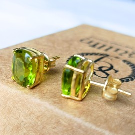 SeagullIN Women's 8x10 Cushion Princess Cut Gemstone 18k Gold Plated Gemstone Stud Earrings - Birthstone Stud for Her, Brass, Peridot