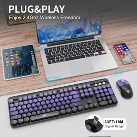 FD Wireless Keyboard and Mouse Combo | Cute Colorful Keyboard and Mouse with 2.4GHz Cordless Retro Typewriter Keyboard | Auto-Sleep | USB Receiver for Windows PC/Laptop - Black Purple Gradient