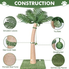 Palm Tree Cat Scratching Post, 36'' Cat Scratcher Post with Natural Sisal Rope, 3 Interactive Balls and Curved Design Scratching Posts for Indoor Cats Adults and Kittens, Multi-Combinable (Style B)