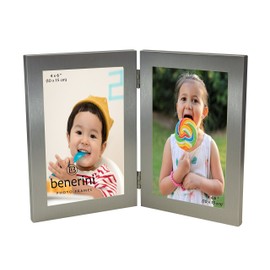 benerini Brushed Aluminium Satin Silver Colour - Twin 2 Picture Vertical Double Folding Photo Frame - Takes 2 Photos of 4 x 6 inches (10 x 15 cm) (Portrait Style)