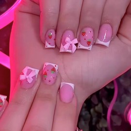 24Pcs White French Press on Nails Short Square XUNCUNFAN Fake Nails Press ons Nail Art Tips with 3D Pink Bow Design Full Cover Spring Strawberry False Nails Acrylic Nude Glue on Nail for Women