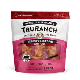 TRURANCH Medium Pork Skin Bones, Bacon Flavor, Made with Real Pork Skin, Rawhide Alternative, Healthy Dog Chews, 1 Bag, 3 Count