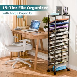 Ekisemio 15 Tier Rolling File Cart, Sturdy an Durable Desk File Organizer with Metal Mesh Letter Tray, Heavy-duty Rolling Clutter Cart for Office, Home, School, Black