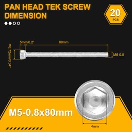 DTGN M5-0.8x80 Socket Head Cap Screws Bolts - 20Pack - Good for Road Bicycle, Mountain Bike, Auto, Motorcycle - 304 Stainless Steel Hex Head Metric Screws - Silver