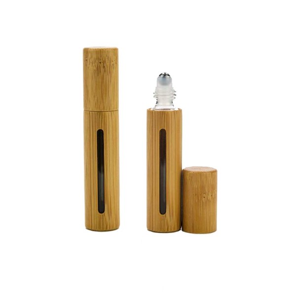 2pcs 10ml Roll on Clear Glass Bottles with Hollow Window Bamboo Shell Stainless Steel Roller Ball Boxes Essential Oil Travel Perfumes Aromatherapy Containers Lip Gloss Eye Cream Storage (Brown)