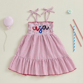 Toddler Girl 4th of July Outfit Little Girls USA Stripes Ruffle Halter Fourth of July Dress Kids Memorial Clothing (Red, 3-4 Years)
