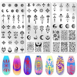 beinkmake 3Pcs Moon Nail Stamping Plate Set Star Sun Meteors Bohemia Stainless Steel Nail Stamp Templates Clear Silicone Nails Stamping with Stamper Scraper for Manicure Printing