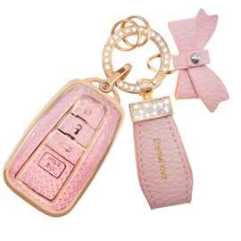 Simocky Key Fob Cover with Diamond Keychain for Toyota Car Key Shell Compatible with 2018-2024 Highlander RAV4 Camry Avalon C-HR Corolla GT86 Full Cover Protector for Women (4 Buttons-Pink Bowknot)