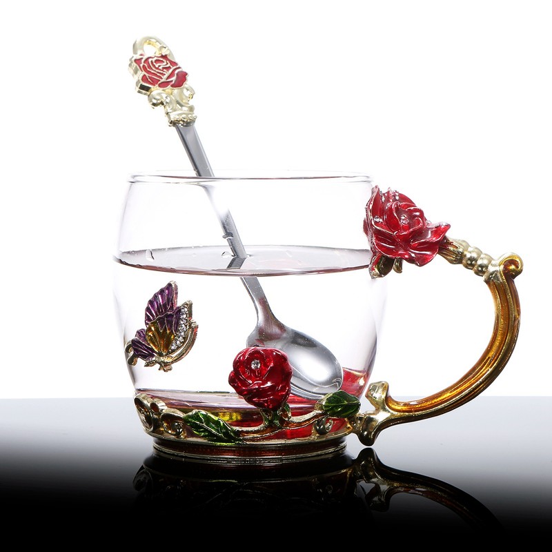 Glass Cup Innovative Flower Tea Cup with Spoon Drink Mug