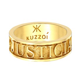 Kuzzoi 0607671522 Men's Band Ring Solid (8 mm) in 925 Sterling Silver Gold-Plated Golden Silver Ring with Lettering Justicia Veritas, Ring for Men in Ring Size 60 - 66, Sterling Silver