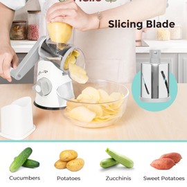 X Home Rotary Cheese Grater for Kitchen, Shredder with 3 Interchangeable Blades, Rotary Grater with Handle and Strong Suction Base, for Vegetables, Fruit, Nuts, Easy to Use and Clean, White