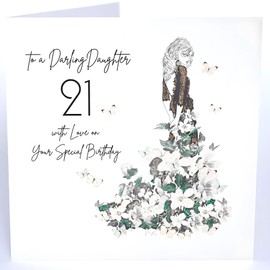 Daughter 21st Birthday Card - Age 21 - To A Darling Daughter with Love - Feminine Butterfly Dress Design - Handcrafted with Special Finishes and Embellishments - Made in the UK
