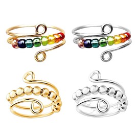 WeddHuis 4-Piece Anti-Stress Ring Set, Adjustable Anxiety Ring, Efficient Relief of Anxiety, Anti-Stress Rings, Spinning Ring with Beads for Girls and Women, Stress Relief, Anxiety