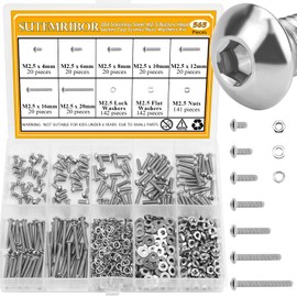 565 Pieces M2.5 Screws Nuts Washers Set, Sutemribor M2.5 x 4/6/8/10/12/16/20mm Button Head Socket Cap Screws Nuts Washers Assortment Kit, 304 Stainless Steel, Fully Threaded