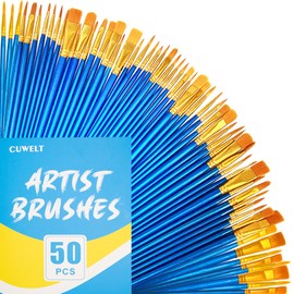 CUWELT 50 Pieces Art Paint Brush Set, Artist Nylon Hair Brushes Set with 10 Different Sizes, Painting Brushes for Watercolor Acrylic Oil Painting Artist Craft