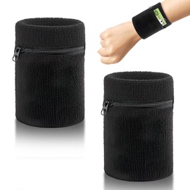 Yuiturt Pack of 2 Sweatbands, Sports Wristband Wrist Bag with Zip, Cotton Sweatband Arm Sports Wristband Wrist Bag for Football, Basketball and Tennis, Black