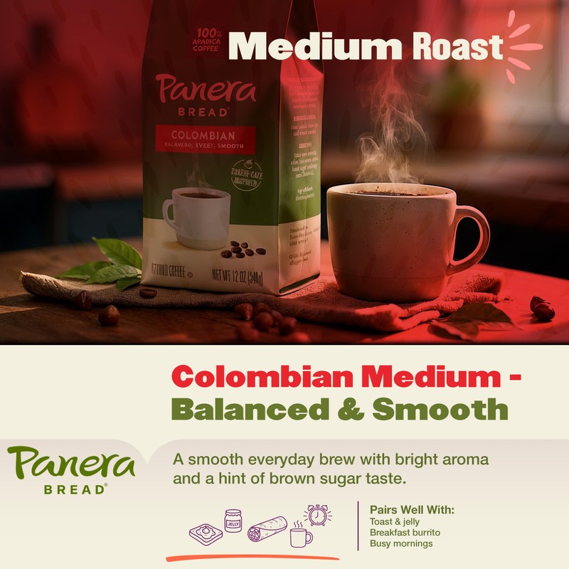 Panera Colombian Ground Coffee, Medium Roast With Brown Sugar Hints